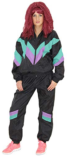Foxxeo 80er Jahre Kostüm für Damen Premium 80s Trainingsanzug Assianzug Assi – Damen Größe S-XL - Fasching Karneval Anzug, Farbe schwarz-grün-lila, Größe: XL