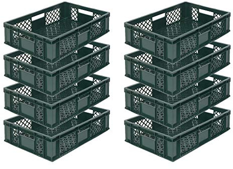 DIE BOX FABRIK 8x Eurobehälter/Stapelkorb/Bäckerkisten, Grundmaß 600x400x150 mm. Eurobox stapelbar aus Kunststoff in TOP-Qualität - Made in Germany (Grün)