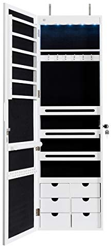 DREAMADE Schmuckschrank mit Spiegel, Spiegelschrank mit LED-Beleuchtung, Schmuckregal Abschließbar mit 6 Schubladen, Schrank Hängend für Ohrringe Ringe Halsketten, Tür- und Wandmontage, Weiß