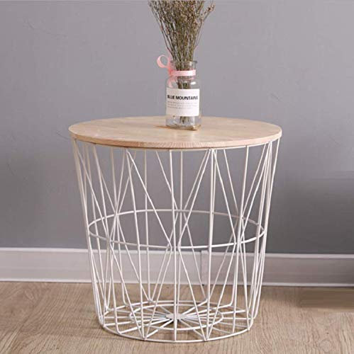 HOMION Modern Round Wire Metal Storage Basket Side Table Bedroom Balcony Corner Tea Table (White, Small)