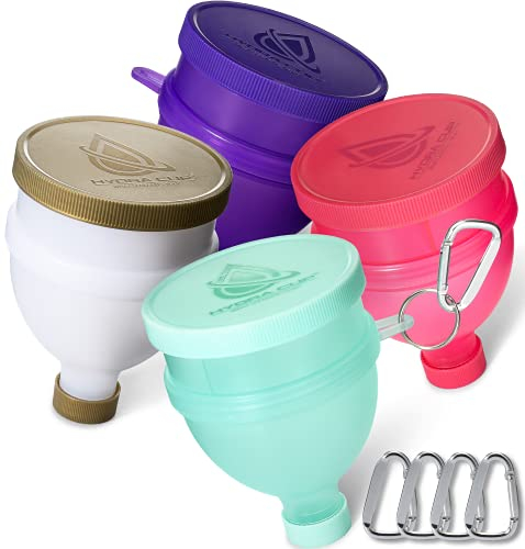 Hydra Cup [4 Pack Funnels for Filling Water Bottles with Protein Powder, 3 Compartment Pill Storage, Supplement Container Set to Go or Kitchen Use, Keychain for Shaker Cup