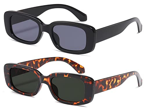 kimorn Rectangle Sunglasses for Women Men Trendy Retro Fashion Glasses 90’s Vintage UV 400 Protection Square Fram K1200 (Black Frame Grey Lens+leopard Frame Dark Green Lens, 65)