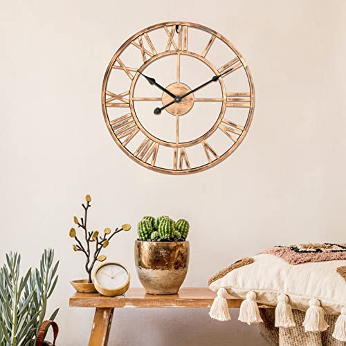 Large Vintage Wall Clock, 40CM Silent Skeleton Clock, Non-Ticking Metal Wall Clock with Big Roman Numerals for Living Room, Kitchen, Bedroom, Cafe, Hotel, Office Decor Gold