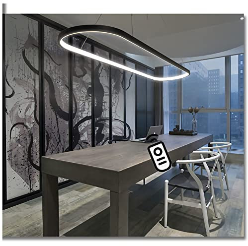 Moderne Pendelleuchte Oval Esstisch Büro LED Hängeleuchte Dimmbar mit Fernbedienung Ring Design Blendfrei Kronleuchter Höhenverstellbarer Küche Wohnzimmer Lampe Beleuchtung Licht (Schwarz, L120cm/55W)