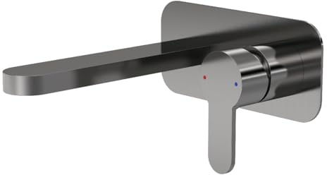 nuie ARV728 Arvan Modern Bathroom Round Wall Mount 2 Tap Hole Basin Mixer Tap with Lever Handle and Back Plate, 199mm, Brushed Pewter