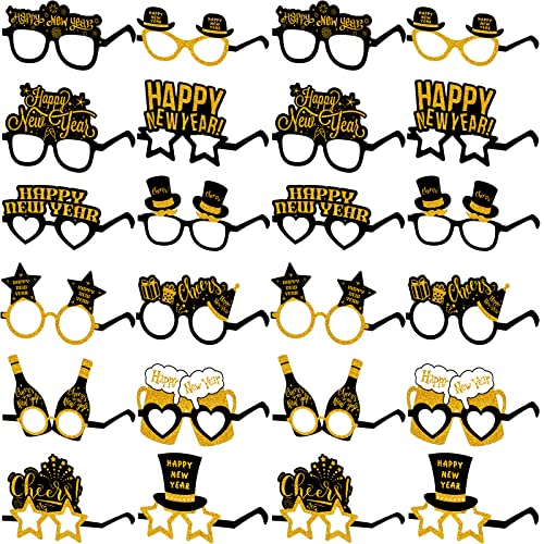 Suilung 24er Pack Happy New Year Brillen 2025 Silvester Zubehör Neuartige Papier Brillen Schick Glitzer Dekorative Sonnenbrillen Foto Requisiten Brillen Happy New Year Deko (Gold und Schwarz)