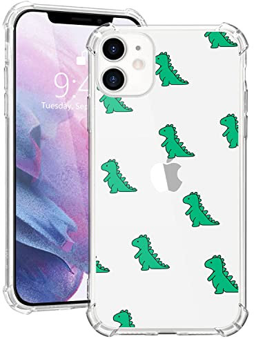 MAYCARI Cute Dinosaur Case Clear for iPhone 12/12 Pro 6.1 Inch, Art Animals Pattern Transparent Shockproof Anti-Scratch Soft TPU Cover with Air Cushion for Men&Women