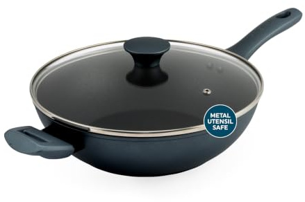 Salter Excellence Wok Pan 28 Cm, Non-Stick Forged Aluminium, Induction | Thermo Collar Heat Indicator, Heat-Resistant Exterior, Fast Even Heating, For Stir-Fry Searing Sauteing, Grey Finish