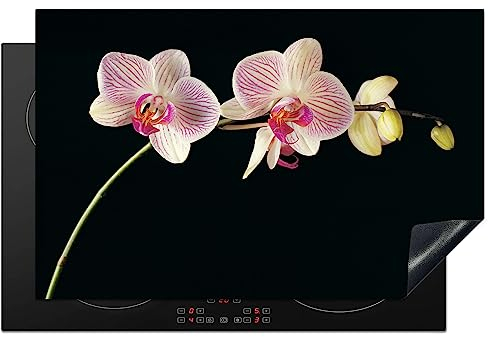 KitchenYeah© Herdabdeckplatte Einteilig Ceranfeld Abdeckplatte für Induktionsschutz Ceranfeldabdeckung Vinyl Herdabdeckplatten Orchidee - Pink - Blumen - Schwarz - Rosa - Natur - 80x52 cm