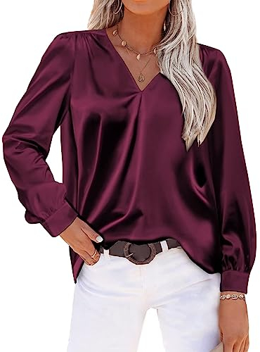 Damen-Satin-Faltenbluse, langärmelig, V-Ausschnitt, lässig, locker, Arbeit, Büro, Satin-Hemd, einfarbig, Pullover, weinrot, Large