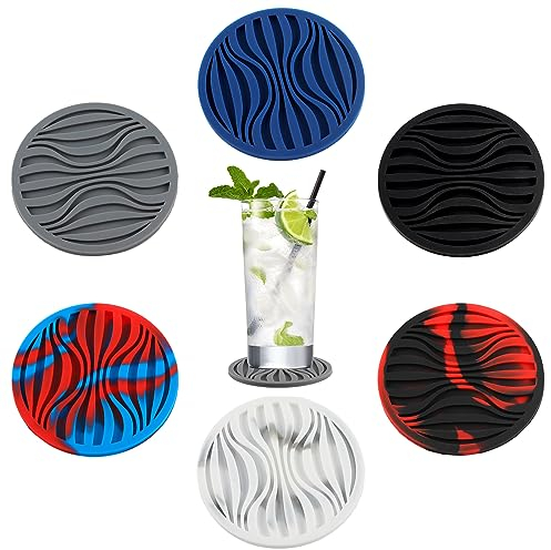 TamBee Silicone Coasters - Set of 6 Non-Slip Colourful Silicone Round Mug Coasters Beer Bar Mats for Table Easy Clean Decorative Home Accessories, Thick (0.2inch)
