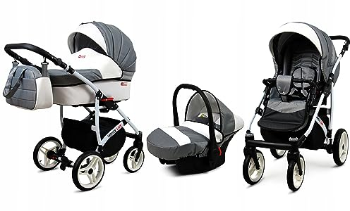 BabyLux® Bambimo Kinderwagen Set 3 in 1 - White Lux - incl. Babywanne, Buggy Sportsitz, Auto-Babyschale - Autositz - Kinderwagenset - Kombikinderwagen mit Wickeltasche, Regenschutz usw.