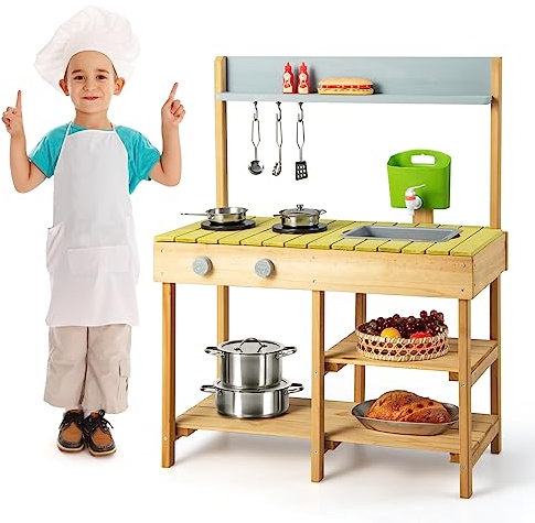 GOPLUS Holz Spielküche, Kinderküche mit Wassertank, Wasserfluss & Spülbecken, Kinderspielküche mit Kochfeld, Drehknopf, 4 Ablagen & 3 Haken, Rollenspiel für Jungen & Mädchen von 3-8 Jahren (Natur)