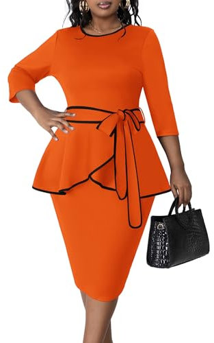 FANDEE Plus Size Women's Church Dresses Vintage Bodycon Elegant 3/4 Sleeve Pencil Dress, 2-orange Black, 4XL Plus