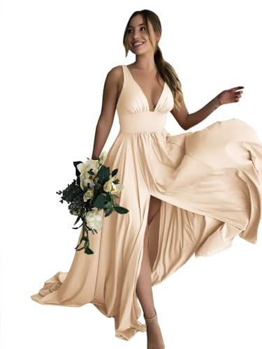 BABYONLINE D.R.E.S.S. Robe de Cocktail Sexy Longue pour Mariage Robe Femme Demoiselle d'honneur pour Soirée Robe Femme Fête Champagne 32
