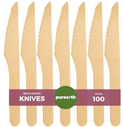 Purearth Ensemble de couverts jetables en bois – Alternative au plastique, biodégradables, compostables, ensemble d'ustensiles jetables naturels (couteaux en bois 100 pièces)