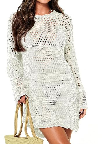 Women's Long Sleeve Crochet Dress Summer Swimwear Cover Ups Hollow Out Bikini Beach Cover Up White