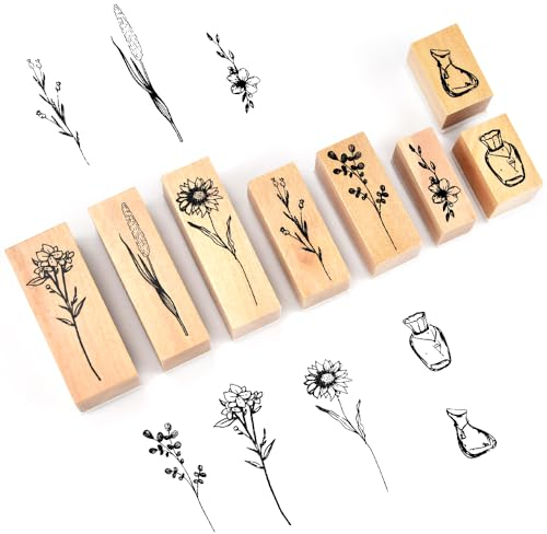 KBNIAN Holzstempel Set 8 Stück Vintage Holzstempel zum Basteln Blumen Pflanze Mustern Stempel Dekorative Holzstempel für DIY, Scrapbooking, Handwerk, Kartenherstellung