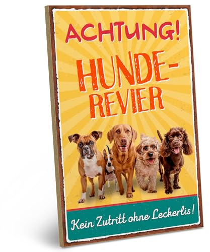 ARTFAVES® Wandbild Holzschild mit Spruch - Achtung Hunde-Revier - Türschild Retro Vintage Deko Bild Geschenk - Hund