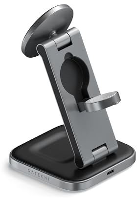 SATECHI Stazione di ricarica wireless 3 in 1, Qi2 15W magnetica, stazione di ricarica da viaggio pieghevole per iPhone 16/15/14/13/12, Apple Watch Series 8/7/SE/6/5/Ultra e AirPods Pro/3/2