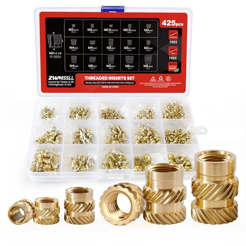 Zwmssll Gewindeeinsätze für Kunststoff, M3 + M2 + M2.5 + M4 + M5 + M6 Heat Set-Einsatz, 425pcs Metrische Knurled Messingmutter Sortiment Kit, für 3D-Druck