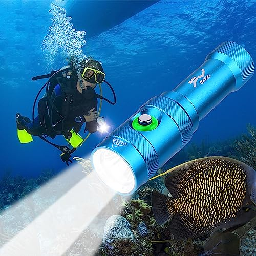 WINDFIRE Linternas de buceo, IPX8 impermeable profesional recargable luz de buceo, linterna submarinismo con batería y cargador