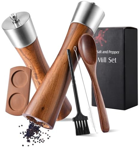 ZUYIST 2 Pièces Moulin à Poivre en Bois Réglable, Moulin à Poivre et Sel Manuel en Céramique, Bouteille avec Base en Bois Massif, Salieres et Poivrieres pour Broyer Sel de Mer, Piment