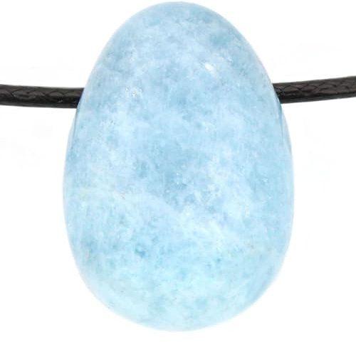Echter Aquamarin Tropfenanhänger mit gewachstem Baumwollband - Gebohrter Trommelstein - Drehverschluss aus Edelstahl (Aquamarin 55)