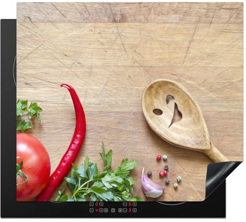 KitchenYeah© Protezione Piano Induzione 60x52 cm Cucina Copri Fornelli Proteggi di Cottura Antiscivolo Tappetino Legno - Cucchiaio - Erbe