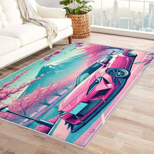 JDM Teppich - Teppich Wohnzimmer Schlafzimmer Rosa Sportwagen, Großer Teppich Mädchen Rennwagen, Weich Kurzflor & Waschbar & rutschfest Wohnzimmerteppich, Kinderteppich, Bettvorleger 100x200 cm