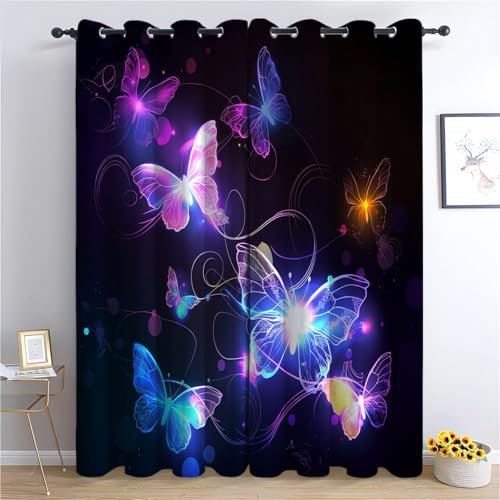 CozyRest Kinder Vorhänge Leuchtende Schmetterlings-Traumkunst Ösen Gardinen mit Blickdichte Thermo Vorhang Kälteschutz Blackout Curtain Kinderzimmer Schlafzimmer Ösenvorhang H160 x B70cm