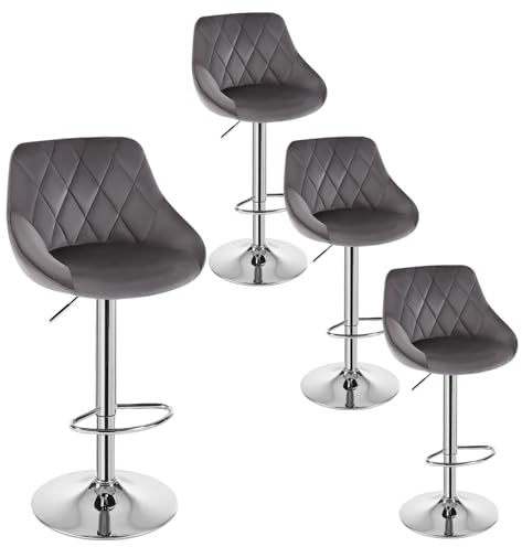 WOLTU Barhocker 4er Set, Barstuhl Höhenverstellbar, Samtsitz, Dunkelgrau | Drehbarer Bar Stool mit Rückenlehne und Fußstütze, rutschfeste Metallfüße, für Küche und Hausbar, Dunkelgrau+Silber