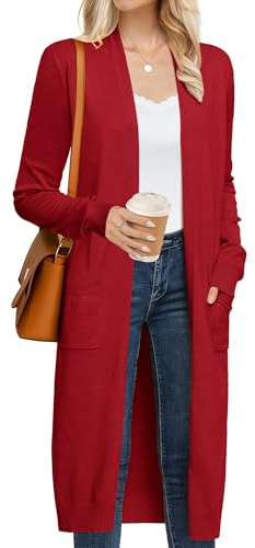 GRACE KARIN Women's 2025 Trendy Long Cardigans Sweater Lightweight Open Front Long Sleeve Maxi Duster Coats with Pockets, Deep Red, L