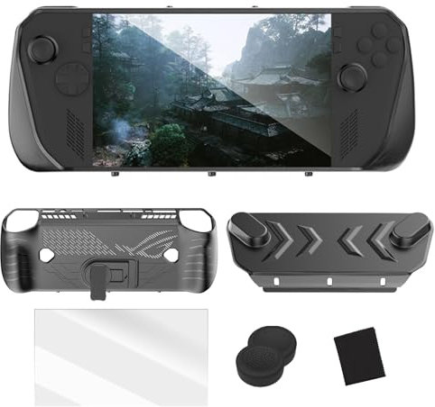 AriKroii Hülle Kompatibel mit ASUS ROG Ally X 2024,TPU-Schutzhülle mit abnehmbarer Frontabdeckun/ Halterung/9H Härte Gehärtetes Glas/Joystick Kappen, Schutzhülle Kompatibel mit ROG Ally X