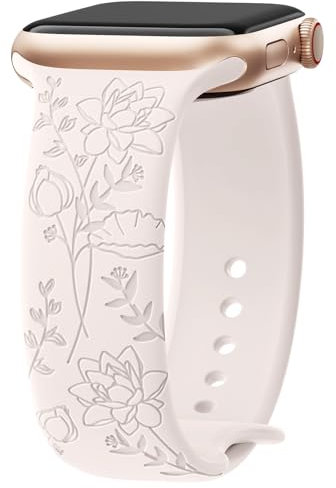 Yoohoo Floral Engraved Strap for Apple Watch Straps 38mm 40mm 41mm 42mm 44mm 45mm 46mm 49mm,Cute Flower and Soft Silicone Band for iWatch Series 11 10 9 8 7 6 5 4 3 2 1 SE Ultra,Women,Light Peach