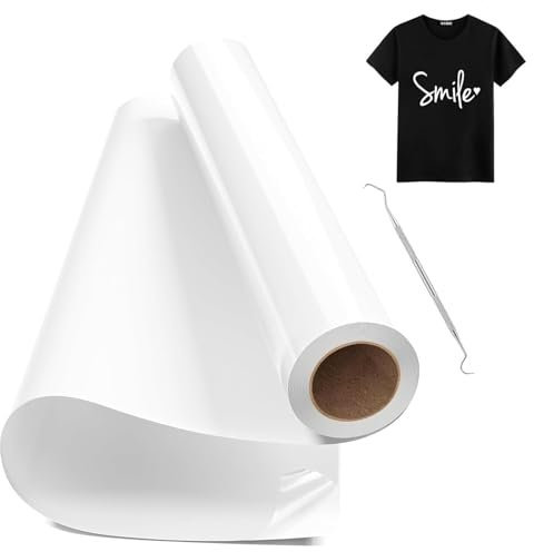 Hengrongshen Plotterfolie Textil Weiß, 30,5 cm x 600 cm Heat Transfer Vinyl Flexfolie Rollen mit Plotter Werkzeug, Flexfolie Plotter Textil für Cri-Cut & Silhouette DIY T-Shirt (Weiß)