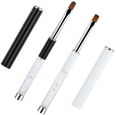 Lot de 2 pinceaux à ongles en gel, ovales et plats professionnels avec poignée en strass, outils de nail art pour peinture, bricolage et nettoyage des erreurs de vernis sur les cuticules