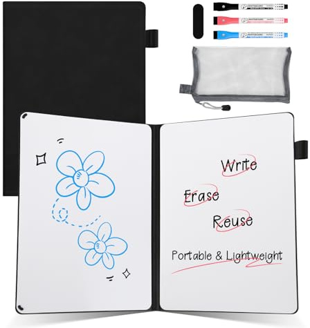 AGM A5 Mini Whiteboard, Small Whiteboard with 3 Colored Pens and Eraser | Mesh Pouch, Black Double-Sided Desk Whiteboard, Portable Dry Erase White Board for Studying, Meeting, Note, Doodling