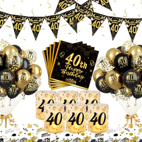 YEJIKJ Deko 40. Geburtstag Mann, 40 Geburtstag Tischdeko Mann Frauen,40. Schwarz Gold Deko Luftballons,40 Jahr Happy Birthday Partydekorationen Set mit Windlicht Konfetti Servietten Banner