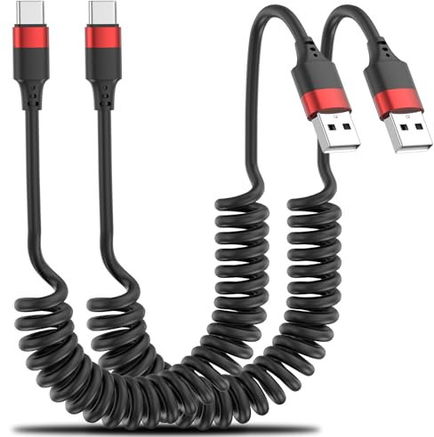 Coiled USB A to USB C Cable 2 Pack, Spiral Type C Charger Cable, USB to USB C Coiled Cable for iPhone 16 15 Pro Plus Max Samsung Galaxy S23 Note A20 Moto G LG Huawei, Coiled USB C Cable for Car
