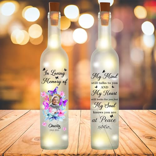 Fheujggdf Personalized Memorial Wine Bottle Lamp for Loved Ones,Customizable Bereavement Wine Bottle Lamp with Picture,Name and Date,Sympathy Gift for Lost Loved Ones (style-14)