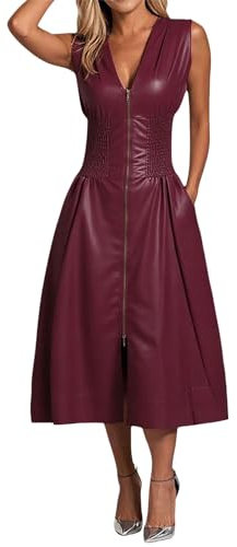 Robe Cuir Sexy PU Longue Femme Chic et Elegant Eté Col V Elégant Couleur Unie Genou Volants Taille sans Manches Décontractée Casual Swing Taille élastique A-Ligne Robes
