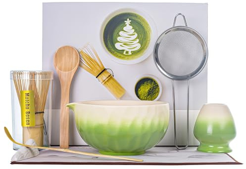 ZEWETO Matcha Set 8-teilig Japanisches Teezeremonie Set, Matcha Schale mit Ausguss (Chawan), Bambusbesen (Chasen), Besenhalter, Matcha-Löffel (Chashaku), Edelstahlsieb, Matcha Starter Kit Geschenkset