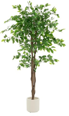 ML-Design Kunstpflanze Ficus 150 cm, Künstliche Pflanzen groß wie echt, Fake Zimmerpflanze mit Naturholzstamm im Topf, Deko Plastikpflanzen Innen/Außen, Pflegeleichter Kunstbaum für Wohnzimmer & Büro