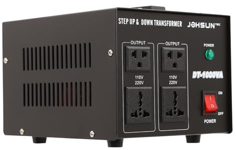 Spannungswandler 110V 220V, Voltage Converter 1000VA, Trafo 110 Auf 220 Und Step Down, 800W Überlastschutz, Großer Kühler, 4 Universale Steckdosen, Tragbarer Griff, 15x23x19cm Für USA EU UK Geräte