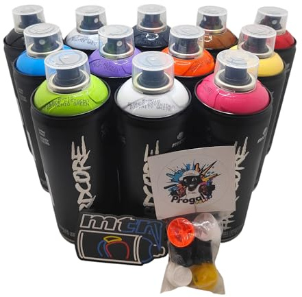 MTN Hardcore Peinture en aérosol, 12 couleurs, 400 ml, finition brillante, pour graffiti et art urbain, avec 6 buses de rechange + 1 autocollant MTN