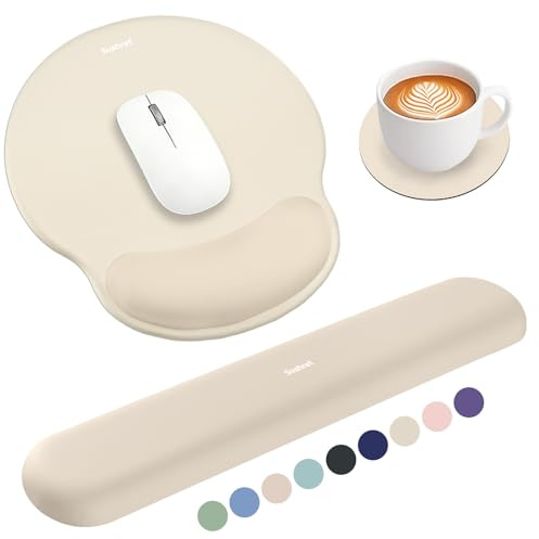 Sushret Mauspad & Tastatur Handballenauflage Set, Memory-Schaum + Gelkissen | 3-in-1 Ergonomisches Handgelenkstützen-Set, rutschfest & Slow-Rebound, Mousepad mit Handauflage, Büro & Gaming，ApricotBeige