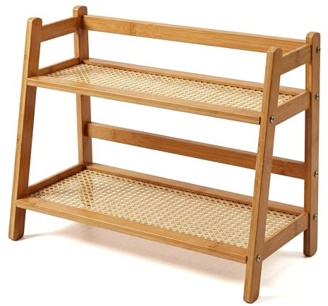Organizador de Cocina de 2 Niveles en Bambú para Hogar, Oficina, Cafetería | Organizador Armario Cocina de Bambú Natural, Soporte para Tazas, Estante Para Especias Multifuncional (39x29x18 cm)