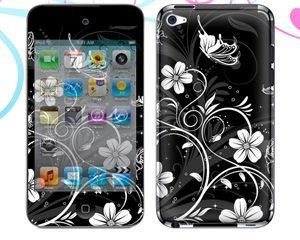 wortek Skin Schutzfolie für Apple iPod Touch 4 4G in Schwarz Weiß Schmetterling Blumen Ranken