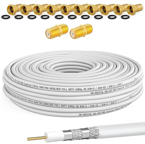 HQ-135 PRO Câble satellite coaxial 130 dB 20 m quadruple blindage pour installations DVB-S / S2 DVB-C et DVB-T BK + 10 fiches F plaquées or et 2 connecteurs F